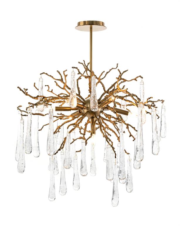 Brass and Glass Teardrop Seven-Light Chandelier