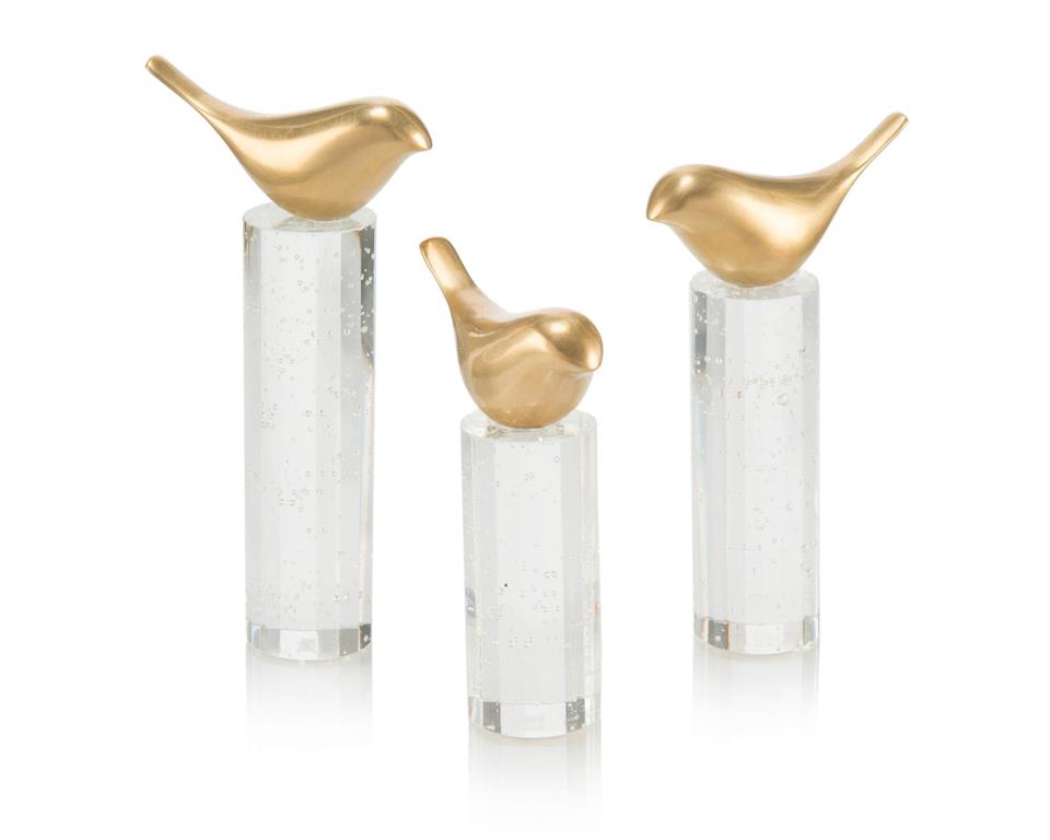 Set of Three Perched Brass Birds