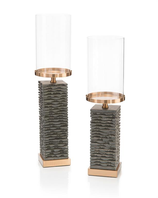 Set of Two Stacked Gray Marble Candleholders