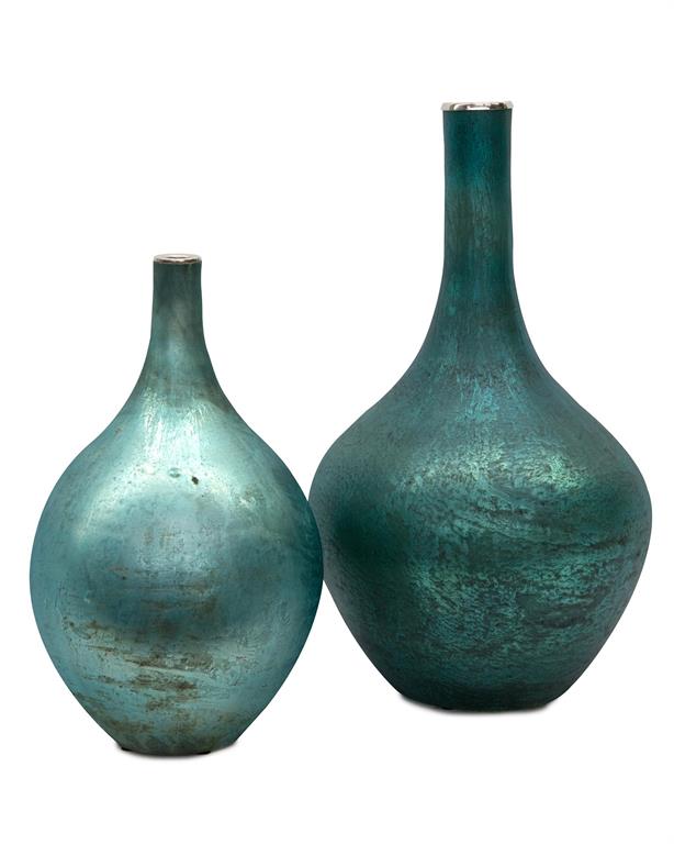 Set of Two Peacock Blue Iridescent Vases