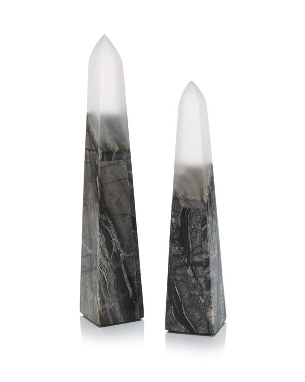 Set of Two Black and Frost Marble Obelisks