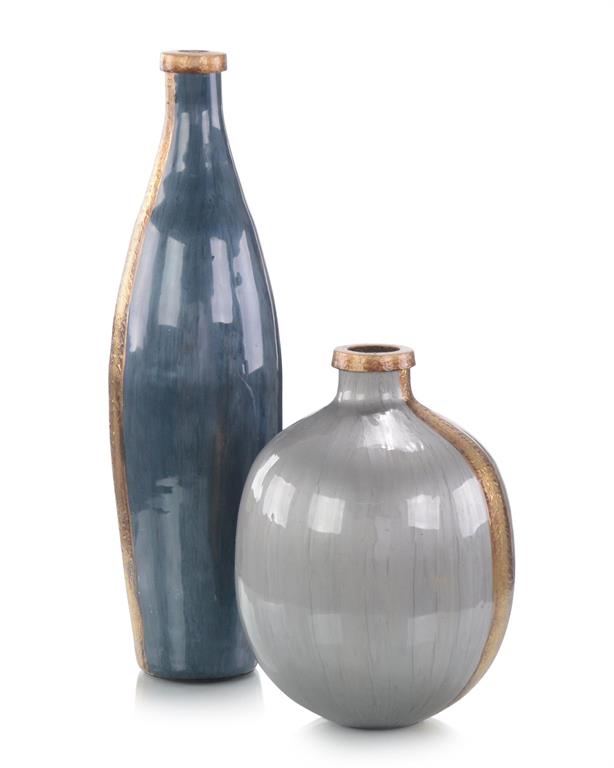 Set of Two Enameled in Grey and Gold Vases