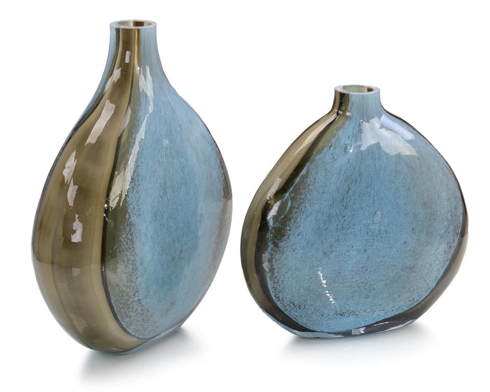 Set of Two Aqua and Earth Glass Vases