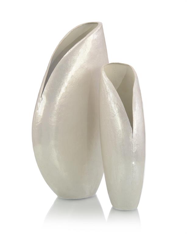 Set of Two White Pearlized Oval Vases