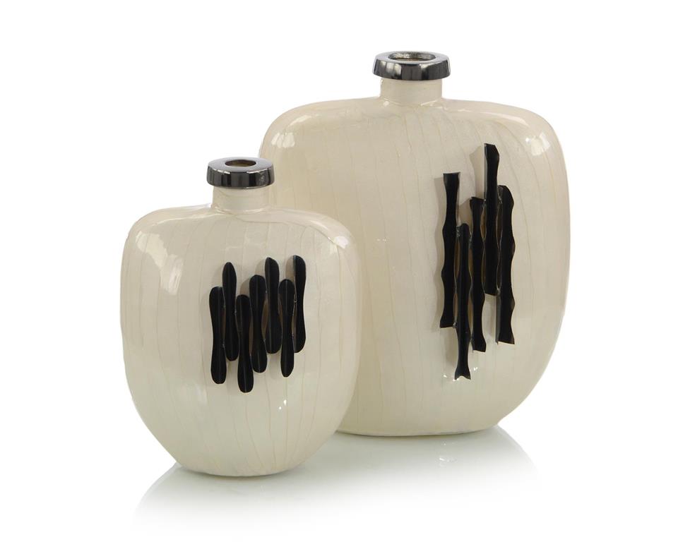 Set of Two Charred Nickel and White Enamel Vases