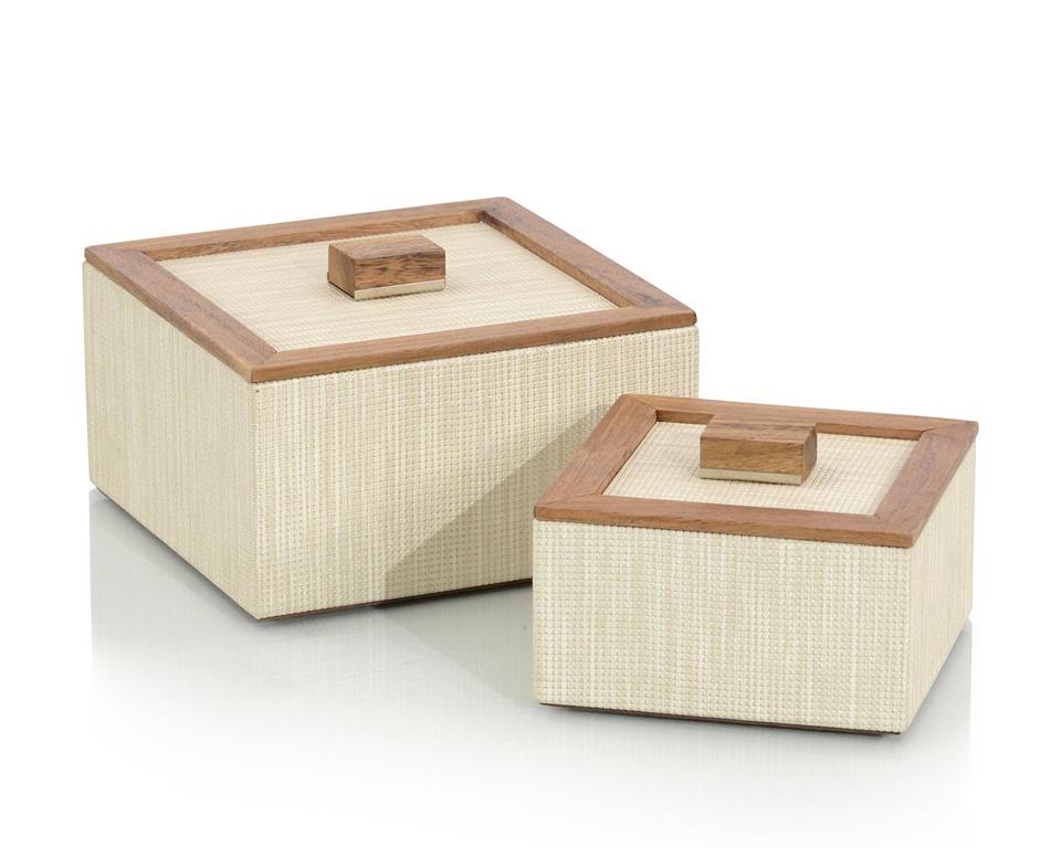 Set of Two White Confetti Leather and Wood Boxes