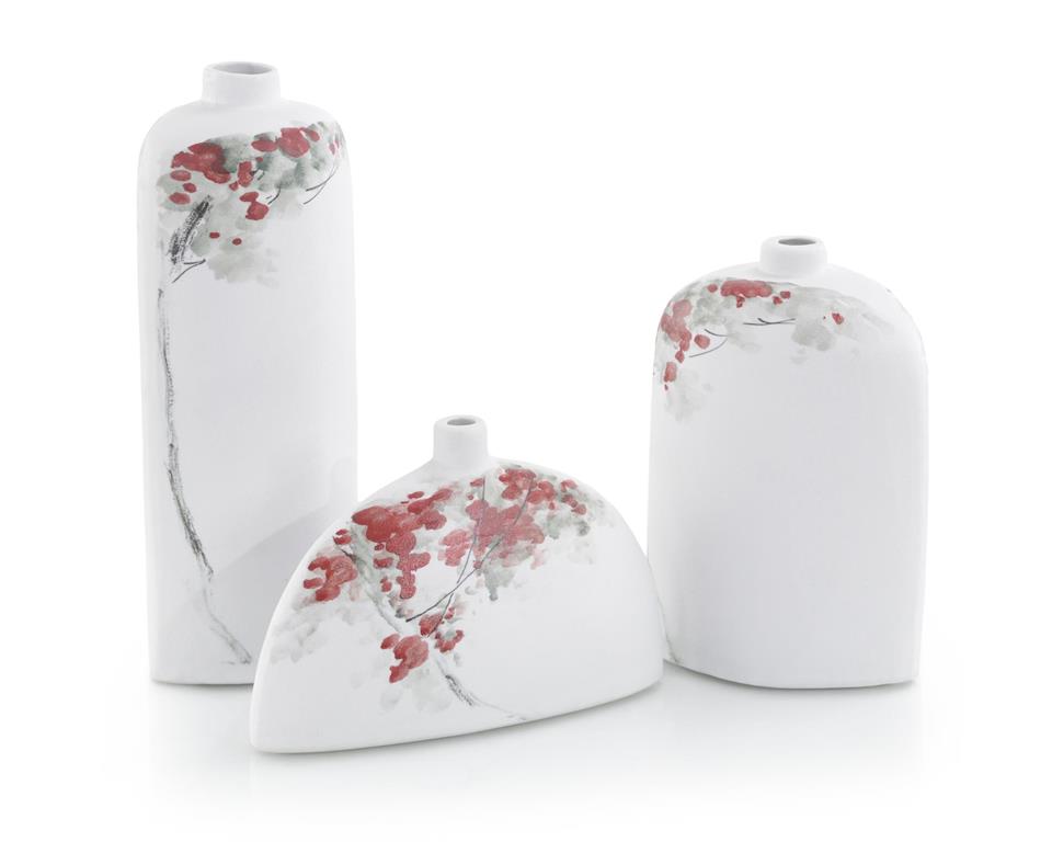 Set of Three Cherry Blossoms on White Porcelain Vases