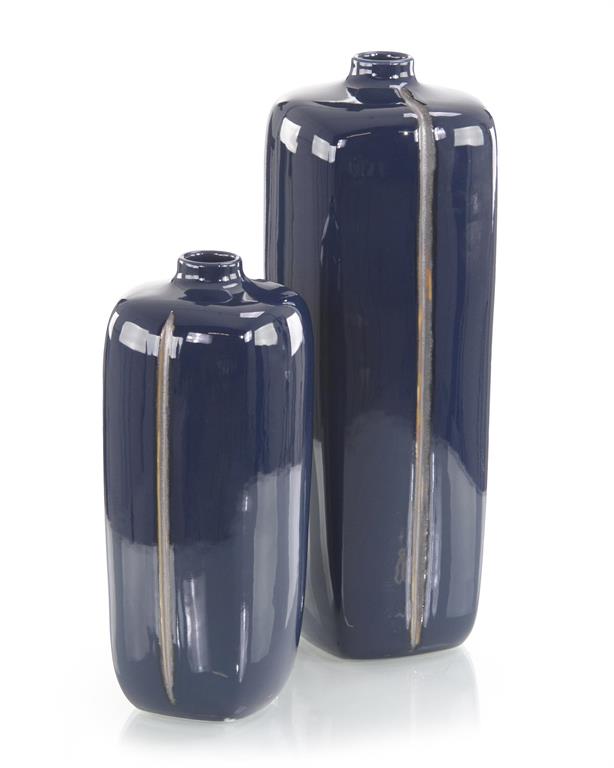 Set of Two Sapphire Blue with Grey Porcelain Vases