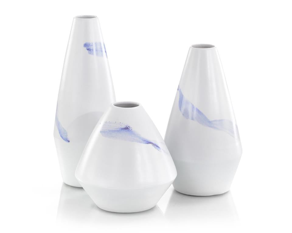 Set of Three Lavender Wave Glaze on White Porcelain Vases