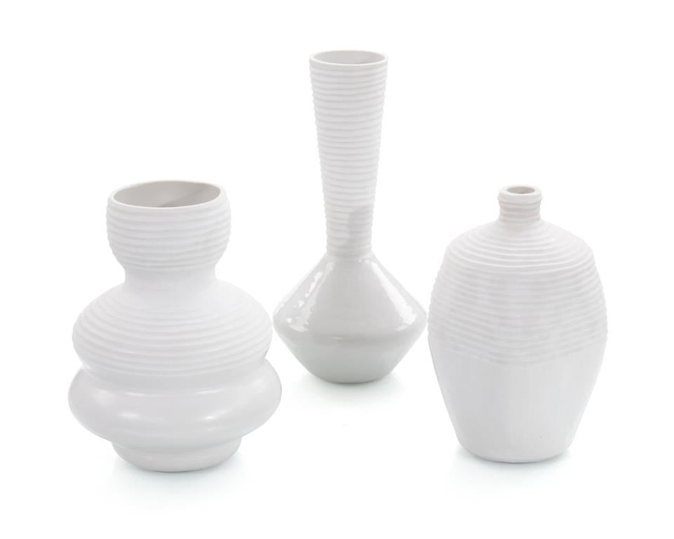 Set of Three White Chiseled Vases